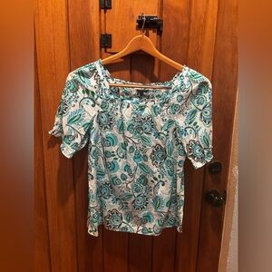 Talbot’s Women's White and Teal Floral Top With Flutter Sleeve